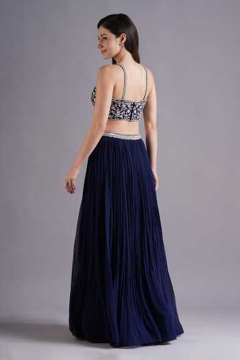 Shop_Maisolos_Blue Georgette Embroidery Scoop Neck Bloom Pleated Lehenga Set _at_Aza_Fashions