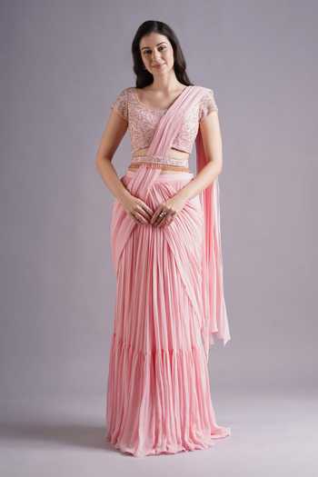 Buy_Maisolos_Pink Net, Georgette Embroidery Round Neck Blossom Pre-draped Saree Set _at_Aza_Fashions