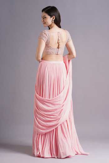 Shop_Maisolos_Pink Net, Georgette Embroidery Round Neck Blossom Pre-draped Saree Set _at_Aza_Fashions