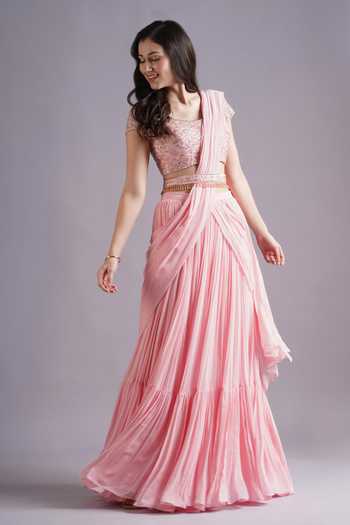 Maisolos_Pink Net, Georgette Embroidery Round Neck Blossom Pre-draped Saree Set _Online_at_Aza_Fashions