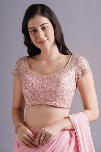 Buy_Maisolos_Pink Net, Georgette Embroidery Round Neck Blossom Pre-draped Saree Set _Online_at_Aza_Fashions