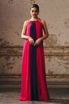 Buy_Masumi Mewawalla_Pink Crepe, Linen Round Neck Trapeze Gown With Tie-up Shoulders _at_Aza_Fashions