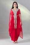 Buy_Prisho_Red Organza Embroidery Sweetheart Neck Dori Cape And Draped Skirt Set 