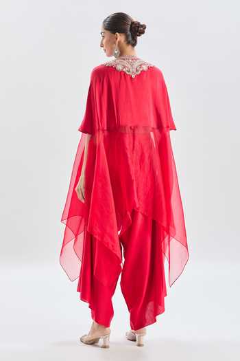 Shop_Prisho_Red , Silk Embroidery V-neck Asymmetric Kaftan And Dhoti Pant Set _at_Aza_Fashions
