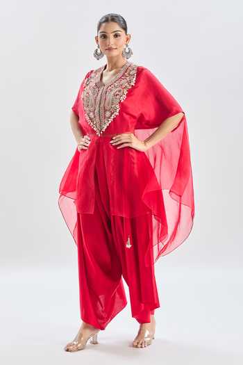 Prisho_Red , Silk Embroidery V-neck Asymmetric Kaftan And Dhoti Pant Set _Online_at_Aza_Fashions