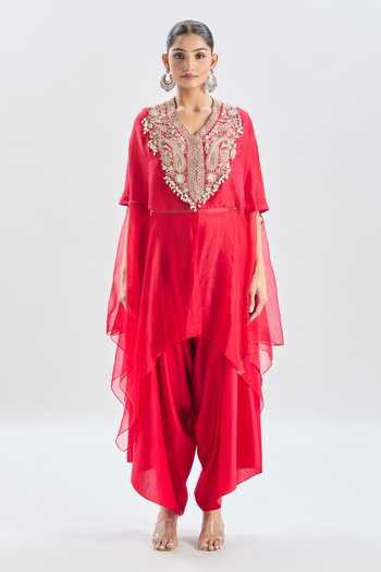 Shop_Prisho_Red , Silk Embroidery V-neck Asymmetric Kaftan And Dhoti Pant Set _Online_at_Aza_Fashions