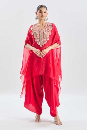 Prisho_Red , Silk Embroidery V-neck Asymmetric Kaftan And Dhoti Pant Set _at_Aza_Fashions