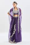 Shop_Prisho_Purple Silk, Georgette Embroidery, Cut Work Paisley Cape Kalidar Skirt Set _Online_at_Aza_Fashions