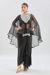 Prisho_Black Organza Tassels, Embroidery Sweetheart Geometric Cape And Draped Skirt Set _at_Aza_Fashions