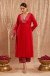 Buy_Nero India_Red Chanderi Gota Patti, Zari V-neck Lace Border Woven Kurta And Pant Set _Online_at_Aza_Fashions