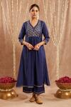 Buy_Nero India_Blue Chanderi Embellished Gota Leaf Neck Kurta And Pant Set _Online_at_Aza_Fashions