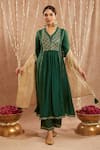 Buy_Nero India_Emerald Green Chanderi Embellished Gota Leaf Neck Yoke Kurta Set _at_Aza_Fashions