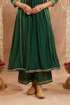 Shop_Nero India_Emerald Green Chanderi Embellished Gota Leaf Neck Yoke Kurta Set _Online_at_Aza_Fashions