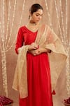 Nero India_Red Chanderi Embroidery Sequin V Neck Lace Kurta Set _Online_at_Aza_Fashions