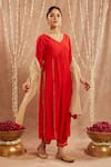 Shop_Nero India_Red Chanderi Embroidery Sequin V Neck Lace Kurta Set _Online_at_Aza_Fashions