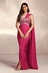 Buy_Label Moni K_Pink Net, Lycra Sequins, Stones, Cut Work Hot Pre-draped Slit Saree Set _at_Aza_Fashions