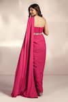 Label Moni K_Pink Net, Lycra Sequins, Stones, Cut Work Hot Pre-draped Slit Saree Set _Online_at_Aza_Fashions
