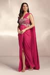 Buy_Label Moni K_Pink Net, Lycra Sequins, Stones, Cut Work Hot Pre-draped Slit Saree Set _Online_at_Aza_Fashions