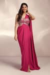 Shop_Label Moni K_Pink Net, Lycra Sequins, Stones, Cut Work Hot Pre-draped Slit Saree Set _Online_at_Aza_Fashions