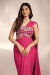 Shop_Label Moni K_Pink Net, Lycra Sequins, Stones, Cut Work Hot Pre-draped Slit Saree Set _at_Aza_Fashions