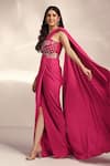 Label Moni K_Pink Net, Lycra Sequins, Stones, Cut Work Hot Pre-draped Slit Saree Set _at_Aza_Fashions