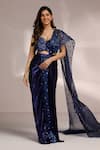Buy_Label Moni K_Blue Net, Lycra Embroidery, Metallic Thread Sweetheart Neck Pre-draped Saree Set _at_Aza_Fashions