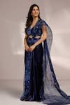 Buy_Label Moni K_Blue Net, Lycra Embroidery, Metallic Thread Sweetheart Neck Pre-draped Saree Set _Online_at_Aza_Fashions