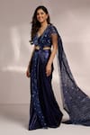 Shop_Label Moni K_Blue Net, Lycra Embroidery, Metallic Thread Sweetheart Neck Pre-draped Saree Set _Online_at_Aza_Fashions