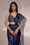 Shop_Label Moni K_Blue Net, Lycra Embroidery, Metallic Thread Sweetheart Neck Pre-draped Saree Set _at_Aza_Fashions