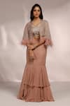 Buy_Label Moni K_Pink Net, Georgette Embroidery Open Neck Flora Cape And Fishcut Skirt Set _at_Aza_Fashions