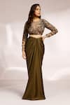 Buy Label Moni K Green Net, Satin Embroidery Round Neck Phool Jaal Blouse And Draped Skirt Online at Aza Fashions Buy_Label Moni K_Green Net, Satin Embroidery Round Neck Phool Jaal Blouse And Draped Skirt _Online_at_Aza_Fashions