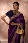 Shop Tasuvure Indes Purple Velvet Gota Patti, Embroidery V-neck Floral Saree Gown at Aza Fashions Shop_Tasuvure Indes_Purple Velvet Gota Patti, Embroidery V-neck Floral Saree Gown_at_Aza_Fashions