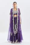 Buy_Prisho_Purple Silk, Georgette Embroidery, Cut Work Paisley Cape Kalidar Skirt Set 