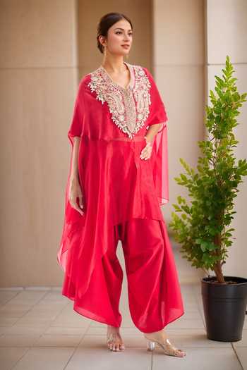 Buy_Prisho_Red , Silk Embroidery V-neck Asymmetric Kaftan And Dhoti Pant Set _at_Aza_Fashions