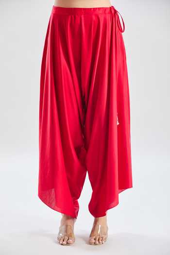 Buy_Prisho_Red , Silk Embroidery V-neck Asymmetric Kaftan And Dhoti Pant Set 