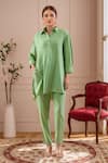 Buy Samyukta Singhania Green Cotton Collared Asymmetric Kurta Set at Aza Fashions Buy_Samyukta Singhania_Green Cotton Collared Asymmetric Kurta Set_at_Aza_Fashions