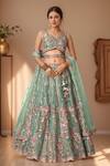 Buy_Samyukta Singhania_Green Net, Linen Sequins, Pearls, Mirrors, Embroidery, Floral Zari Lehenga Set_at_Aza_Fashions