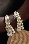 Shop_Dugran By Dugristyle_Green Pearls, Fabric Flowers, Stones Gold Plated Kundan Long Earrings _at_Aza_Fashions