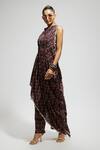 SVA by Sonam & Paras Modi_Blue Crepe Print Geometric Closed Neck Draped Top And Pant Set _Online_at_Aza_Fashions