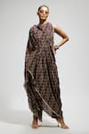 Buy_SVA by Sonam & Paras Modi_Blue Crepe Print Geometric Closed Neck Draped Top And Pant Set _Online_at_Aza_Fashions