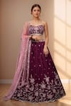 Buy_Samyukta Singhania_Burgundy Polyester, Net Sequins, Zari, Floral Bloom Embroidered Lehenga Set_at_Aza_Fashions
