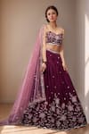 Shop_Samyukta Singhania_Burgundy Polyester, Net Sequins, Zari, Floral Bloom Embroidered Lehenga Set_Online_at_Aza_Fashions