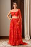 Buy_Samyukta Singhania_Orange Chiffon V-neck Floral Printed Lehenga Set _at_Aza_Fashions
