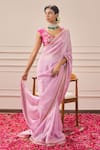 Buy_Issa Studio By Chetana & Swathi_Fuchsia Tissue Cut Work, Sequins V-neck Blush Pink Floral Embroidered Saree Set _at_Aza_Fashions