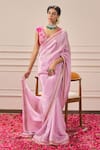 Buy_Issa Studio By Chetana & Swathi_Fuchsia Tissue Cut Work, Sequins V-neck Blush Pink Floral Embroidered Saree Set _Online_at_Aza_Fashions
