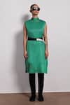 Buy_Devina Juneja_Green Crepe, Satin High Neck Lasercut Midi Dress With Belt _at_Aza_Fashions