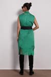 Shop_Devina Juneja_Green Crepe, Satin High Neck Lasercut Midi Dress With Belt _at_Aza_Fashions