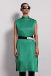 Devina Juneja_Green Crepe, Satin High Neck Lasercut Midi Dress With Belt _Online_at_Aza_Fashions