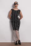 Buy_Devina Juneja_Black Crepe Pearls Boat Neck Fringe Embellished Midi Dress _at_Aza_Fashions