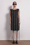 Devina Juneja_Black Crepe Pearls Boat Neck Fringe Embellished Midi Dress _Online_at_Aza_Fashions